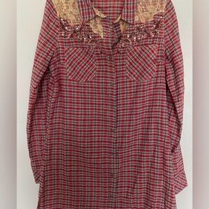 Red Plaid Button-Up Shirtdress with Lace Detail by MissMe
